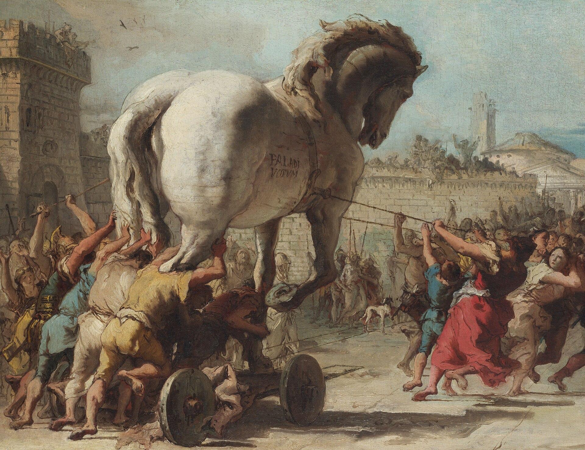 A procissão do cavalo de Troia, de Giovanni Domenico Tiepolo, cerca de 1760. A carga escondida dentro do que parece inofensivo é a figura mais antiga do problema, e o quadro ilustra o assunto, não o caso.